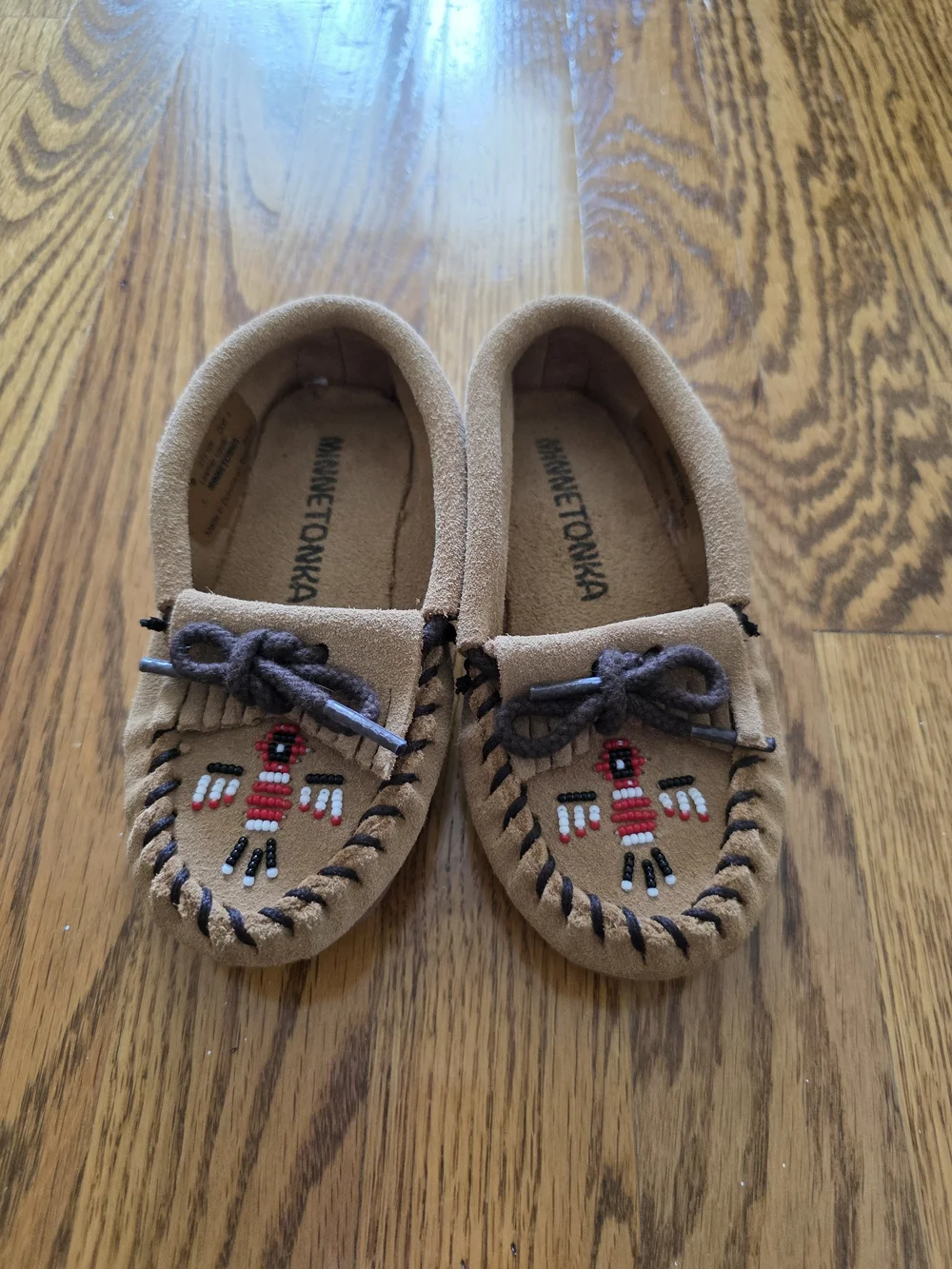 Minnetonka Kids Tan Suede Beaded Thunderbird Moccasins with Dark Brown Laces